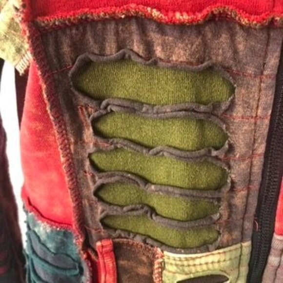 Rising International Womens Razor Cut Patchwork Hooded Jacket Sz M Zipper Boho - Picture 13 of 14